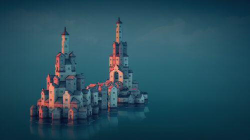 Townscaper Minimalist Floating Architecture Digital Art 4K Desktop Wallpaper