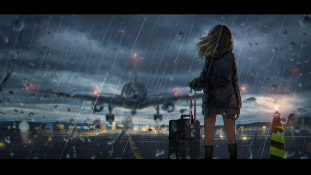 Anime Girl Standing at Airport Runway in Rainy Weather 4K Desktop Wallpaper