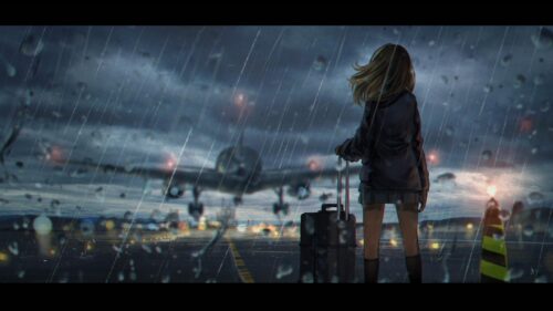 Anime Girl Standing at Airport Runway in Rainy Weather 4K Desktop Wallpaper