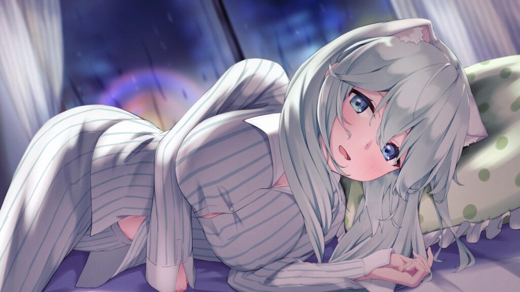 Anime Girl in Striped Pajamas Lying on Bed at Night 4K Desktop Wallpaper