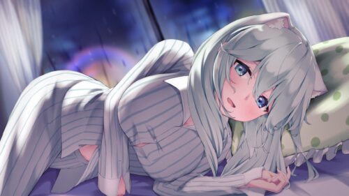 Anime Girl in Striped Pajamas Lying on Bed at Night 4K Desktop Wallpaper