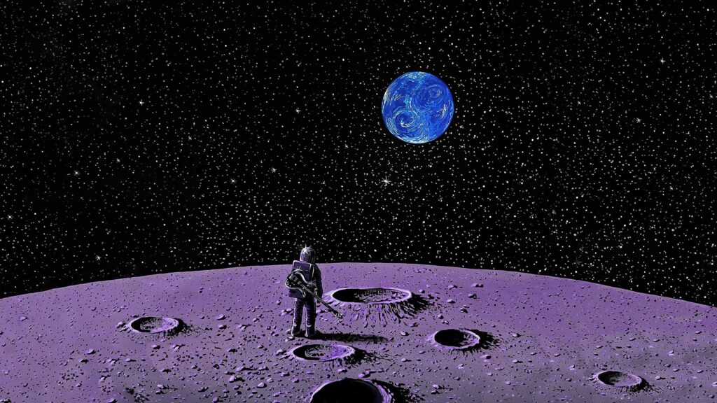 Astronaut Playing Guitar on the Moon with Starry Sky 4K Desktop Wallpaper