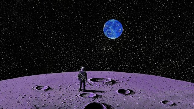 Astronaut Playing Guitar on the Moon with Starry Sky 4K Desktop Wallpaper