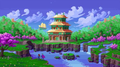 Stunning Pixel Art Asian Temple Landscape Desktop Wallpaper