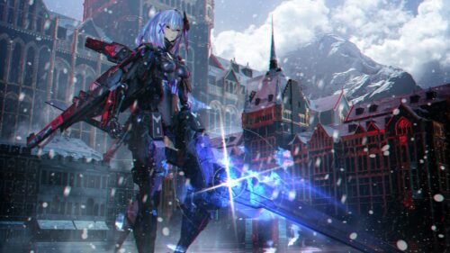 Anime Girl Cyborg Warrior in Snowy Gothic City 4K PC Wallpaper