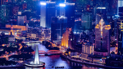 Shanghai Skyline Night View with Suzhou Creek and Waibaidu Bridge 4K Wallpaper