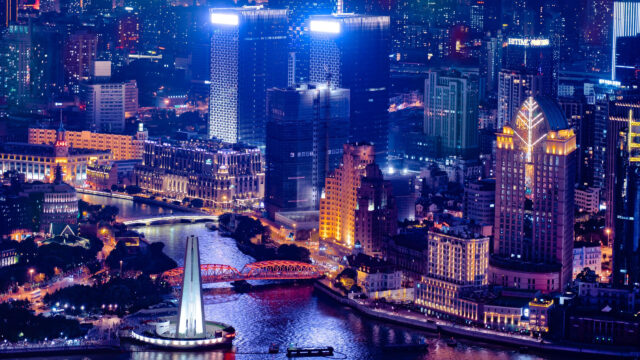 Shanghai Skyline Night View with Suzhou Creek and Waibaidu Bridge 4K Wallpaper
