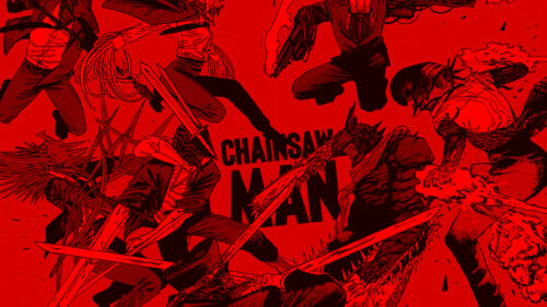 Chainsaw Man Intense Combat Scene Red Aesthetic Desktop Wallpaper