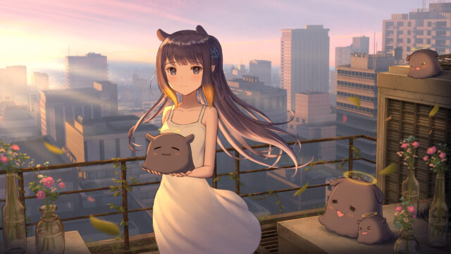Ninomae Inanis Anime Girl with Takodachi Creatures Sunset Cityscape 4K Wallpaper