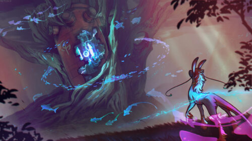 Mystical Creature and Glowing Ancient Tree Fantasy Art 4K Desktop Wallpaper