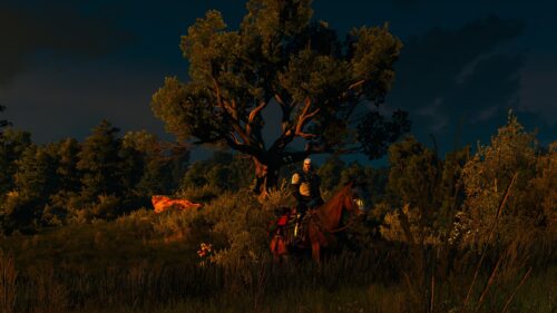 Geralt of Rivia Riding Roach at Sunset in The Witcher 3 Desktop Wallpaper
