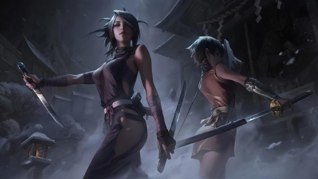 Two Fierce Female Warriors with Katanas in Snowy Temple 4K Wallpaper