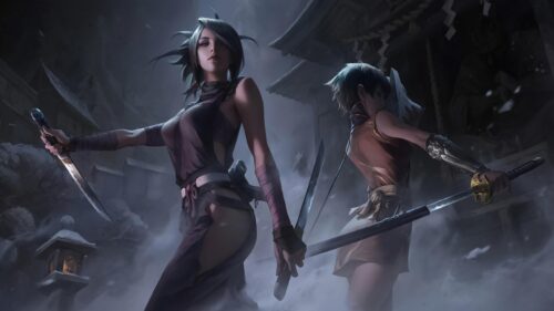 Two Fierce Female Warriors with Katanas in Snowy Temple 4K Wallpaper