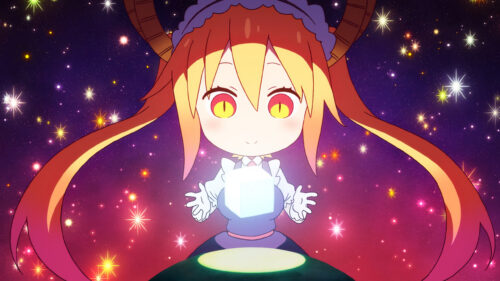 Chibi Tohru Holding a Glowing Cube in a Starry Galaxy Anime Desktop Wallpaper
