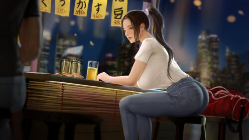Beautiful Girl Sitting at Izakaya Bar Counter Anime Style 4K Desktop Wallpaper