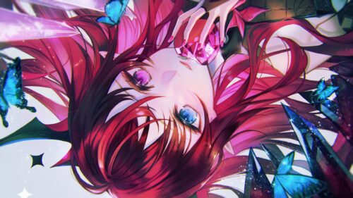 Anime Girl with Red Hair and Butterflies Crystal Fantasy 4K Wallpaper