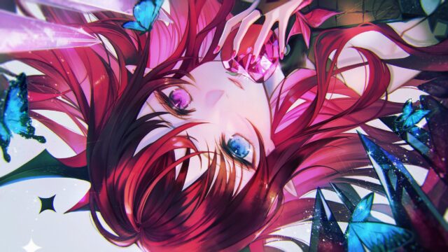Anime Girl with Red Hair and Butterflies Crystal Fantasy 4K Wallpaper