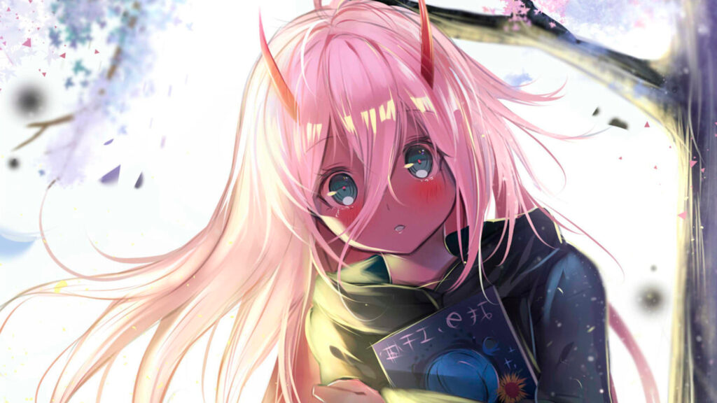 Sad Zero Two Anime Girl with Long Pink Hair and Horns 4K Desktop Wallpaper