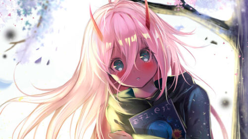 Sad Zero Two Anime Girl with Long Pink Hair and Horns 4K Desktop Wallpaper