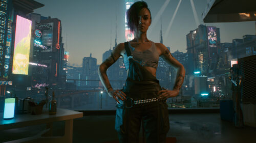 Cyberpunk 2077 Judy Alvarez Standing in Night City Skyline 4K Wallpaper