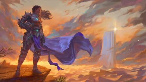 Fantasy Warrior Knight Standing Before a Luminous Portal Desktop Wallpaper