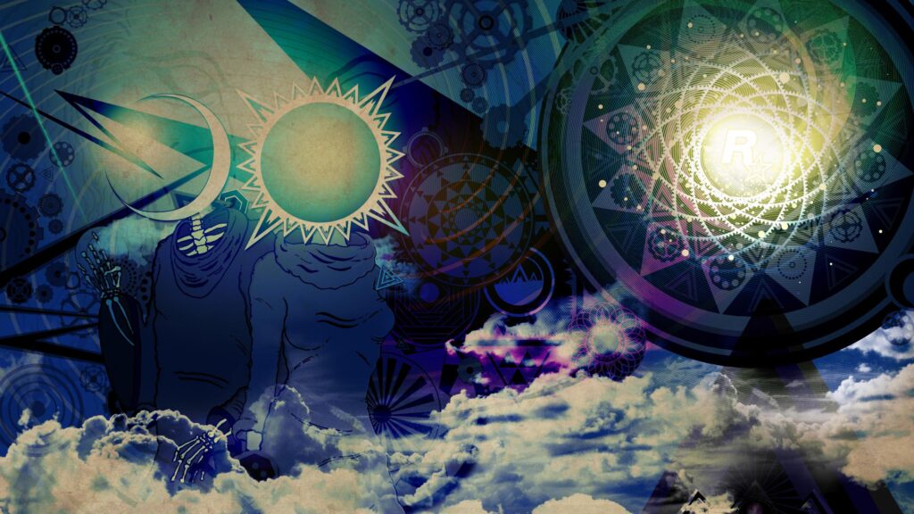 Surreal Celestial Skeleton and Sun Moon Abstract Art 4K Desktop Wallpaper