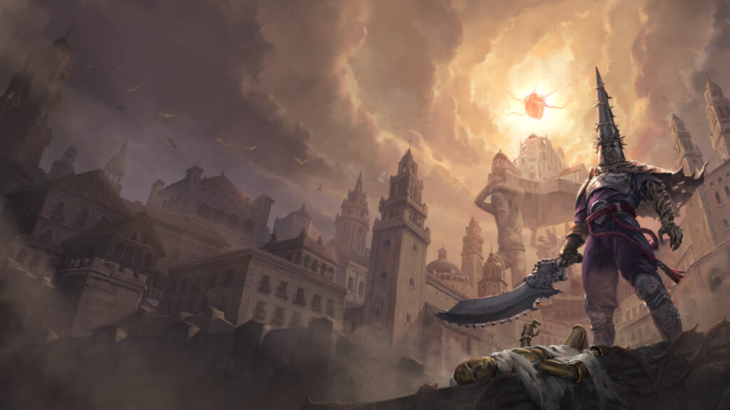 Blasphemous Penitent One Standing Amidst Ruined Cityscape 4K Desktop Wallpaper