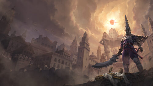Blasphemous Penitent One Standing Amidst Ruined Cityscape 4K Desktop Wallpaper