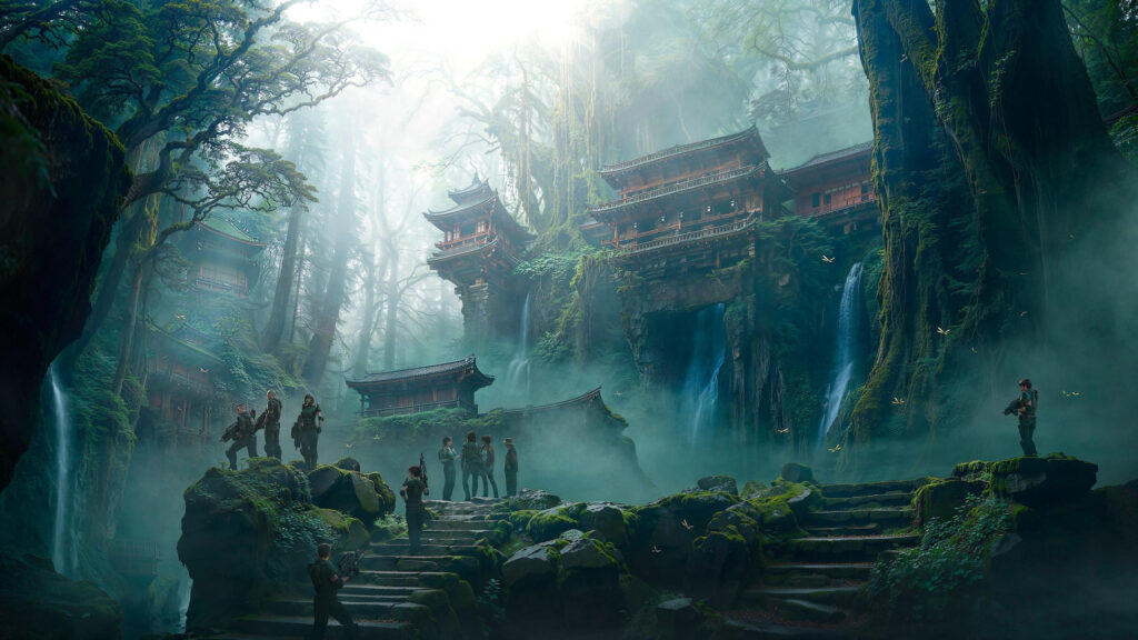 Soldiers Exploring Mysterious Ancient Temple in Foggy Forest 4K Wallpaper