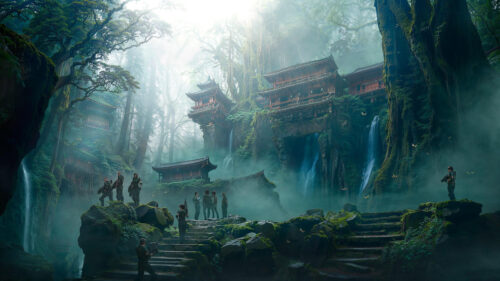 Soldiers Exploring Mysterious Ancient Temple in Foggy Forest 4K Wallpaper