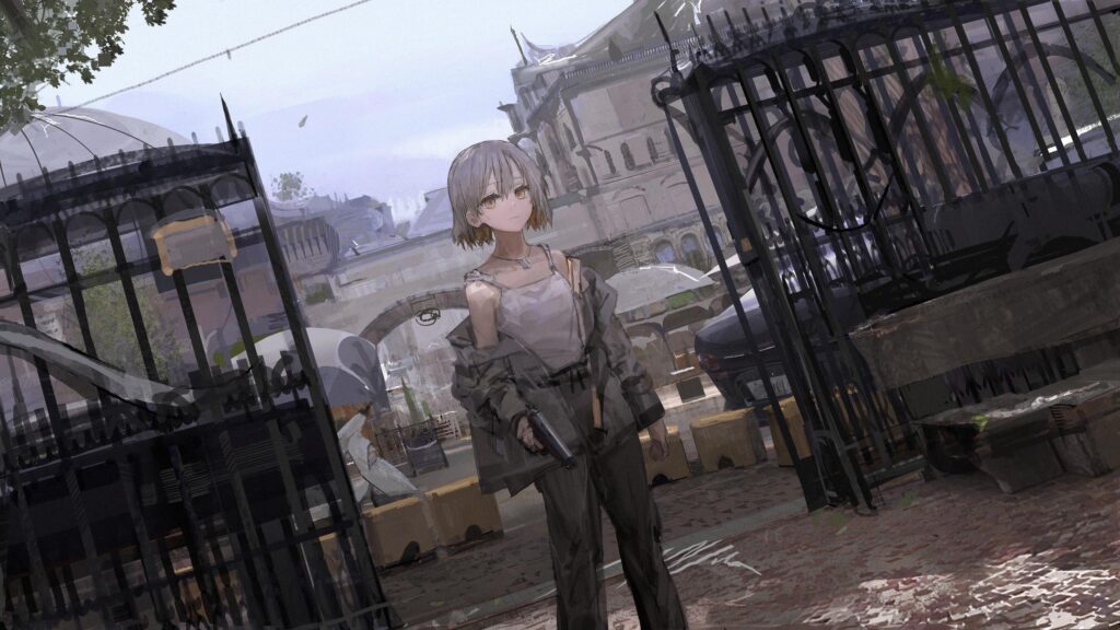 Anime Girl Holding a Handgun in a Gritty Post-Apocalyptic City Desktop Wallpaper