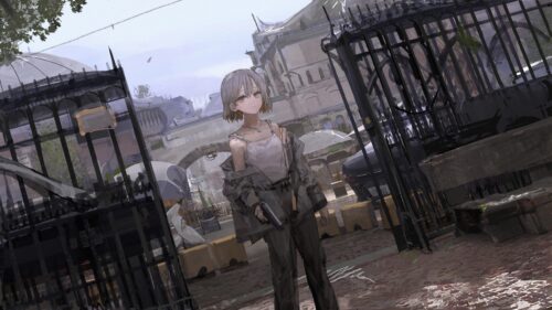 Anime Girl Holding a Handgun in a Gritty Post-Apocalyptic City Desktop Wallpaper