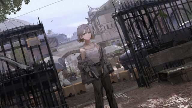 Anime Girl Holding a Handgun in a Gritty Post-Apocalyptic City Desktop Wallpaper