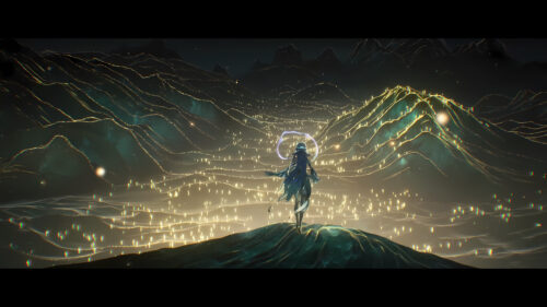 Anime Character Standing Over Bioluminescent Golden Landscape 4K Wallpaper
