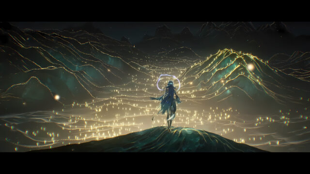 Anime Character Standing Over Bioluminescent Golden Landscape 4K Wallpaper