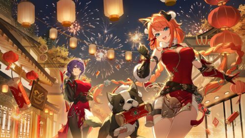Anime Girls Celebrating Lunar New Year with Fireworks and Pet Dog 4K Desktop Wallpaper