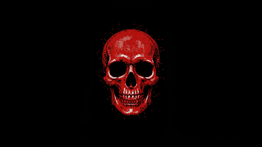 Minimalist Pixel Art Red Skull Glowing on Black Background 4K Wallpaper