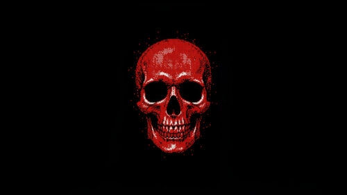 Minimalist Pixel Art Red Skull Glowing on Black Background 4K Wallpaper