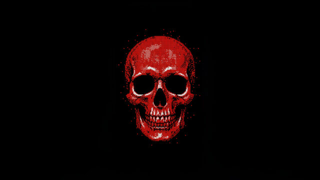 Minimalist Pixel Art Red Skull Glowing on Black Background 4K Wallpaper