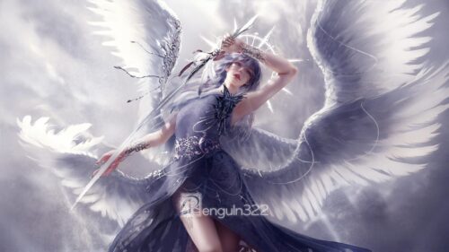 Ethereal Fallen Angel Warrior with Silver Sword and Wings PC Wallpaper