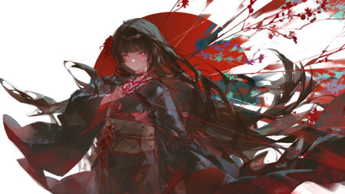 Anime Girl in Traditional Kimono with Red Threads and Floral Accents 4K Desktop Wallpaper