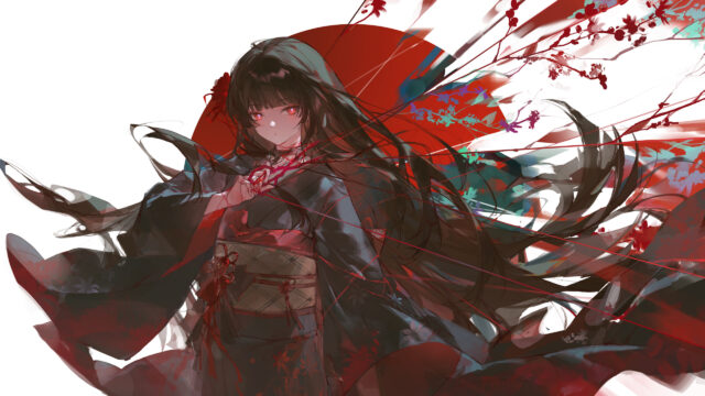 Anime Girl in Traditional Kimono with Red Threads and Floral Accents 4K Desktop Wallpaper