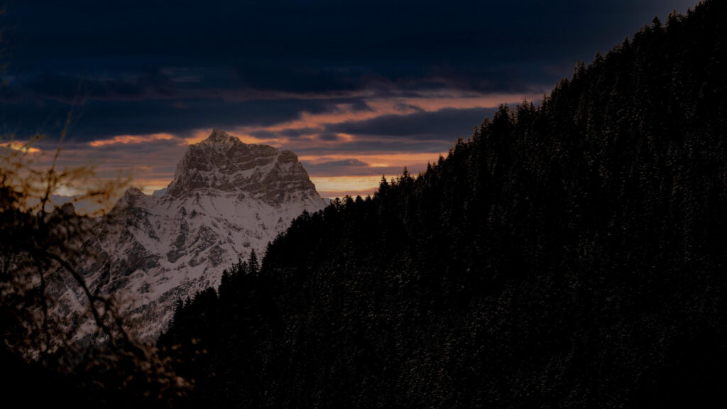 Dramatic Snow Capped Mountain Peak at Twilight PC Wallpaper