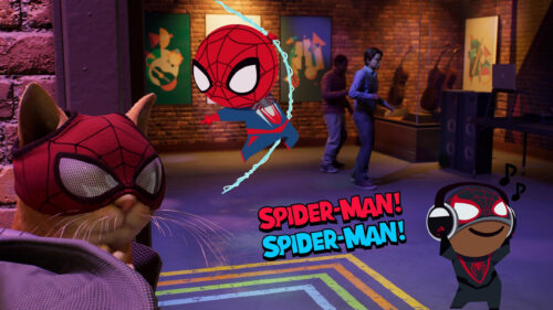Spider-Man Cat and Chibi Heroes Fun Music Scene 4K Desktop Wallpaper