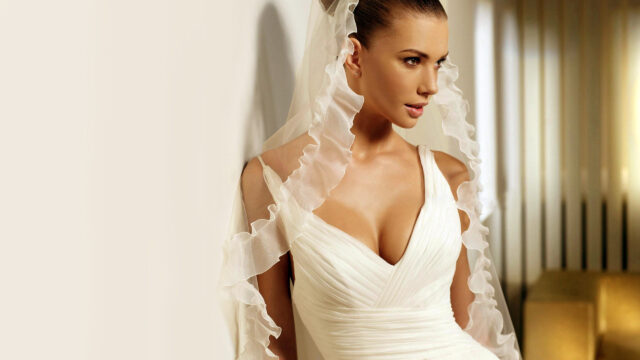 Elegant Bride in White Wedding Dress and Veil Desktop Wallpaper