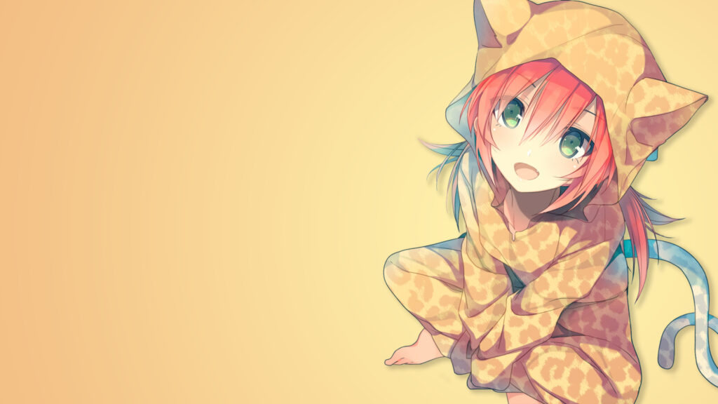 Cute Anime Girl in Leopard Print Cat Hoodie Desktop Wallpaper