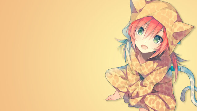 Cute Anime Girl in Leopard Print Cat Hoodie Desktop Wallpaper