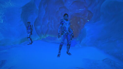 Futuristic Space Explorer in Blue Ice Cave 4K Desktop Wallpaper