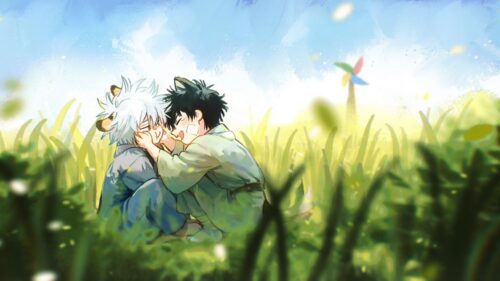 Anime Boys Playing in a Sunny Grass Field 4K Desktop Wallpaper