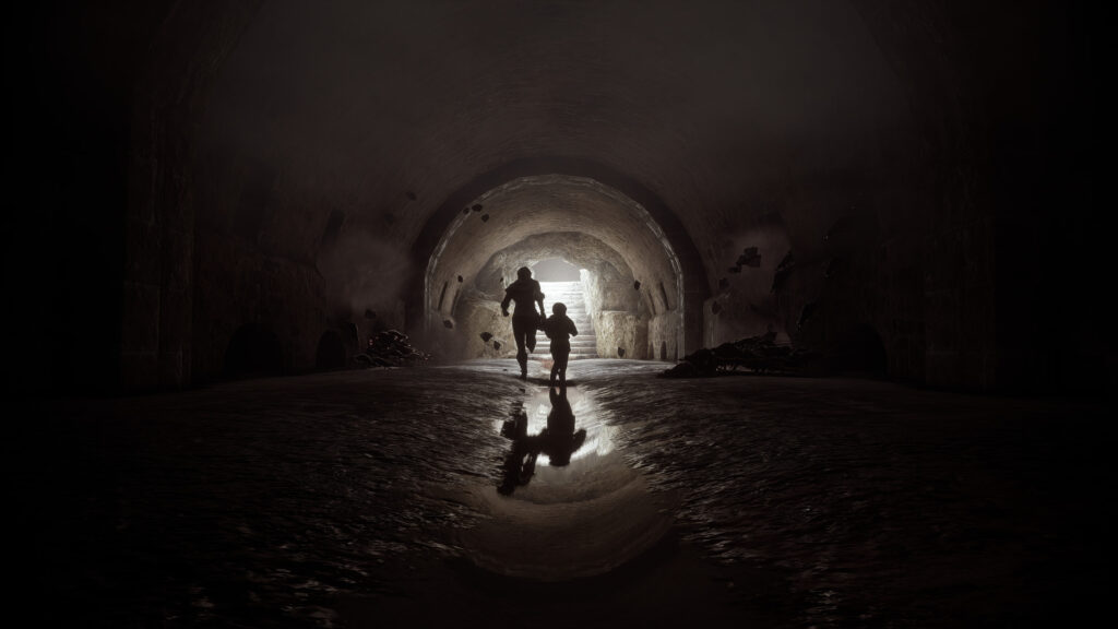 Silhouette of Two Figures Running Toward Light in a Dark Tunnel 4K Desktop Wallpaper